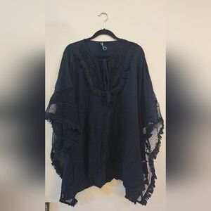 Anthropologie Black Fringe And Detailed Trim Coverup/dress
